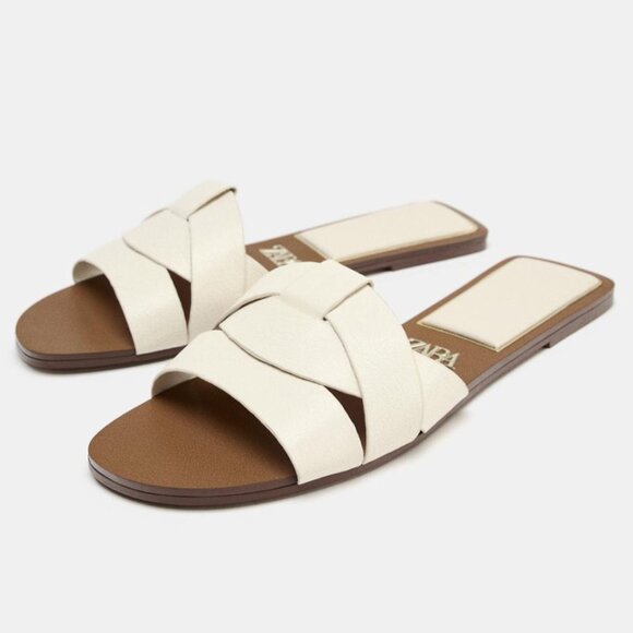 Zara Flat Crossed Leather Sandals - Picture 1 of 8